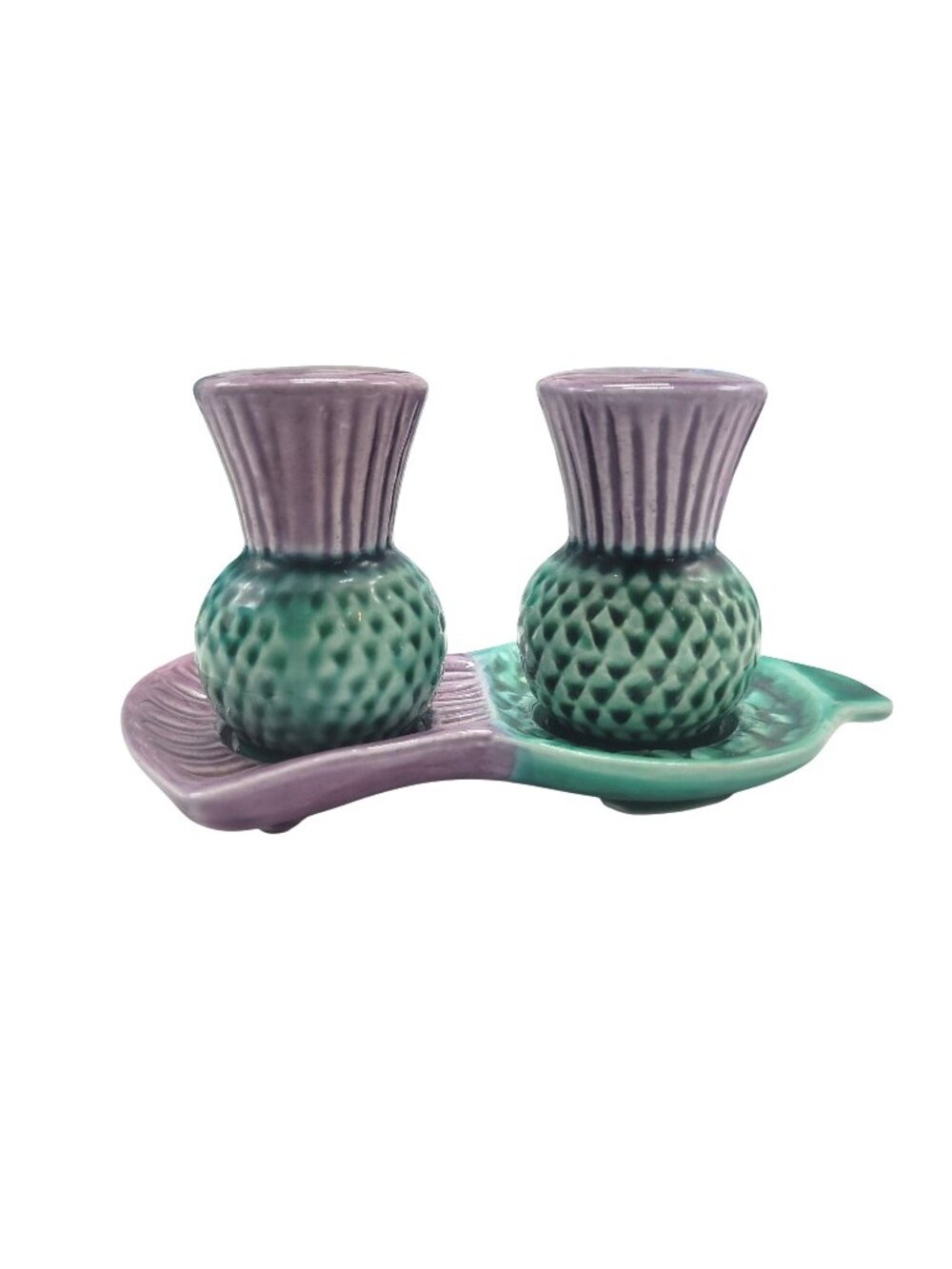 Vtg Scottish Thistle Campsie Ware Ceramic Salt & Pepper Shakers & Tray Purple